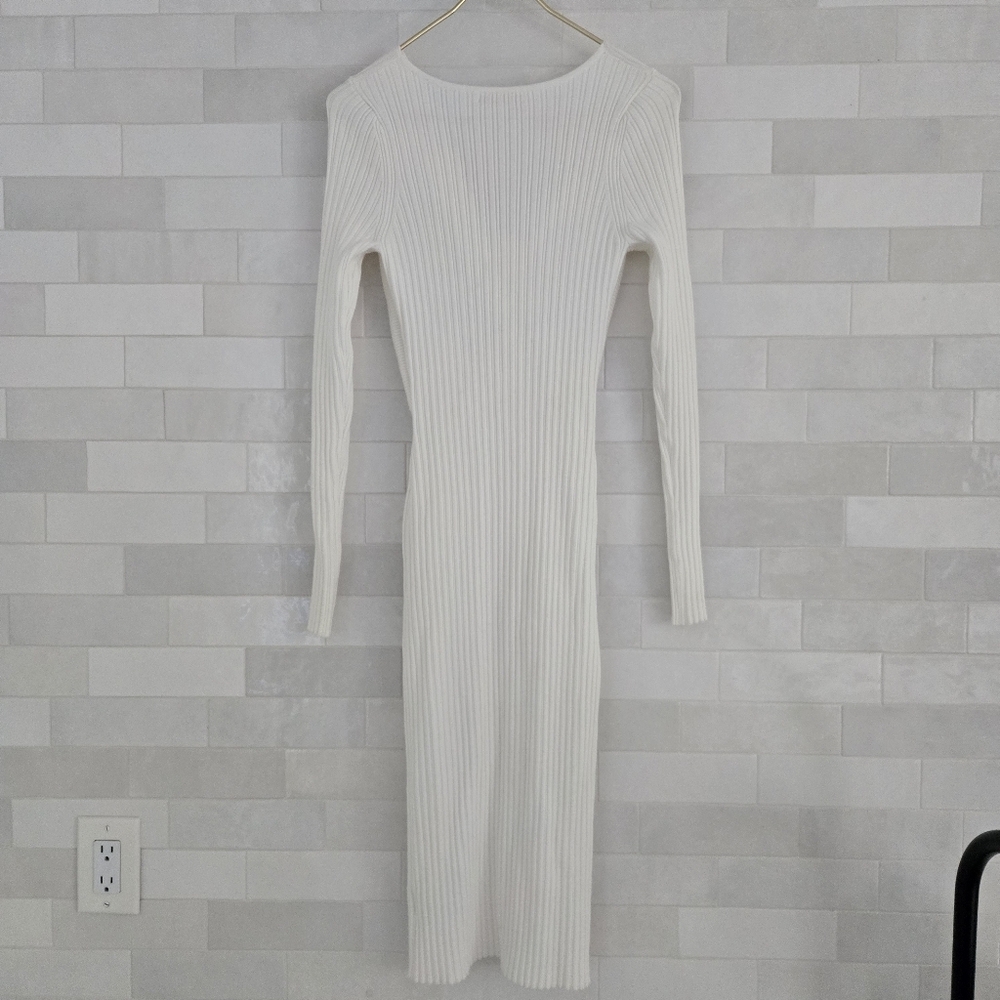 Ramy Brook $425 Pilar Rib-Knit Cutout Twist Bodycon Midi Long Sleeve Dress White - Picture 8 of 8
